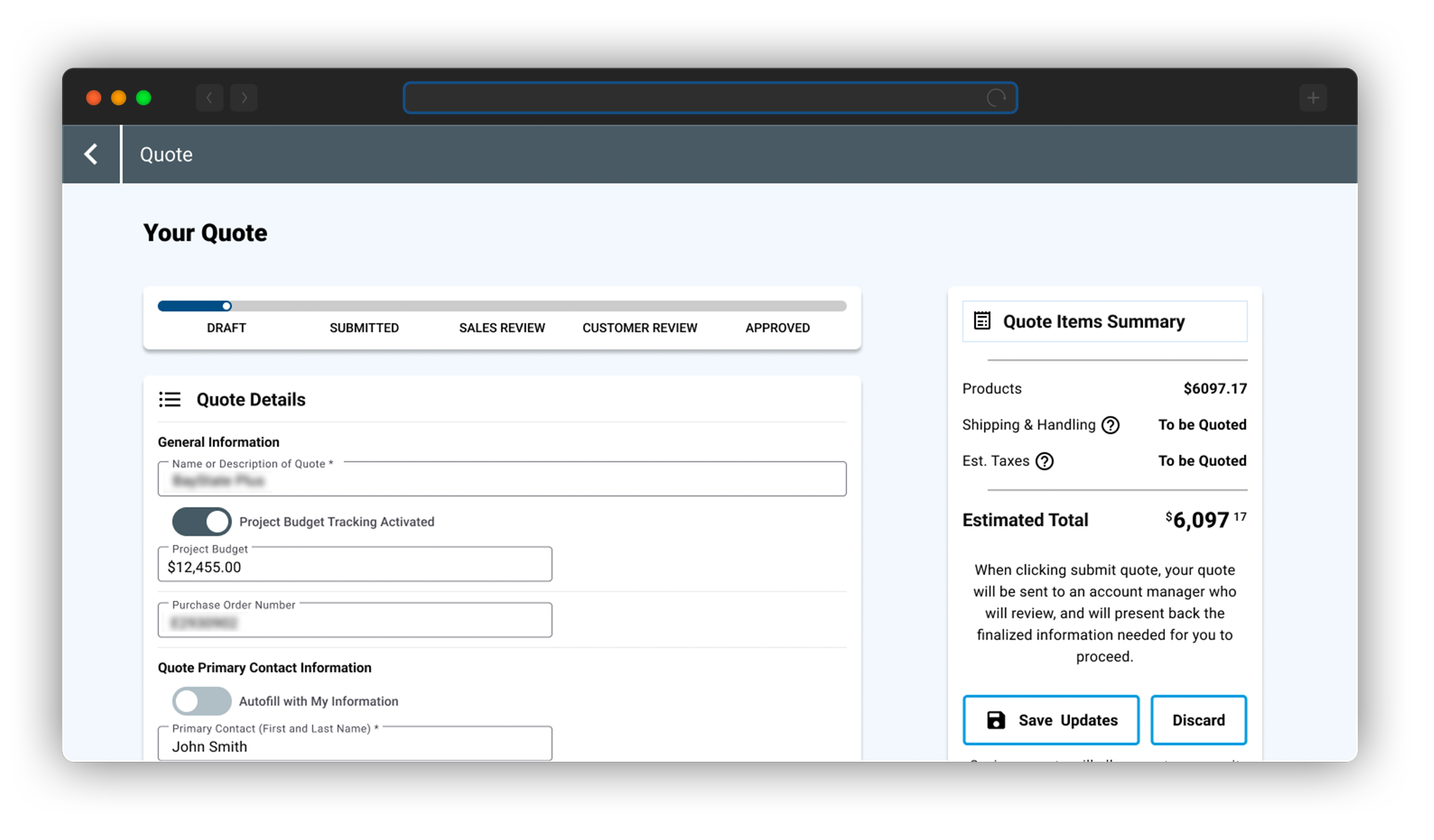 Equipment Order Tool on a Browser Window