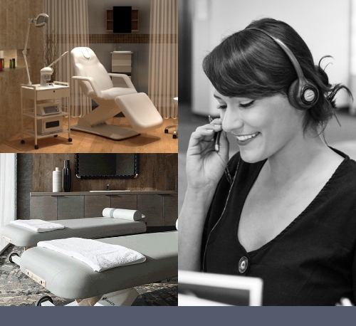 Collage of MeyerSPA team and spa equipment